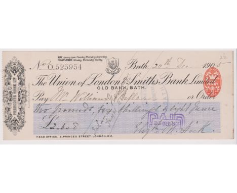 Union of London &amp; Smiths Bank Ltd., Old Bank Bath (Formerly Prescott's Bank Ltd). Used, order RO 13.7.05, black on cream 