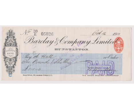 Barclay &amp; Company Limited, Hunstanton. Used, order cheque, RO 29.9.10. Black on cream with blue panel, vignette with Gurn