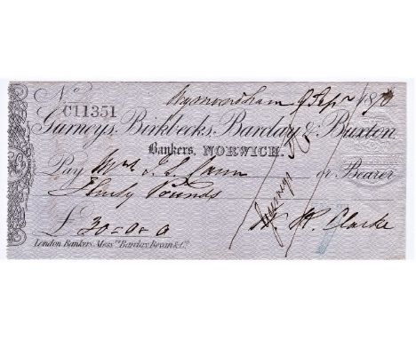 Cheques - Gurneys, Birbecks, Barclay &amp; Buxton 1870. Used cheque, Norwich branch. CO 20.6.70 (large). Bottom text reads 'L
