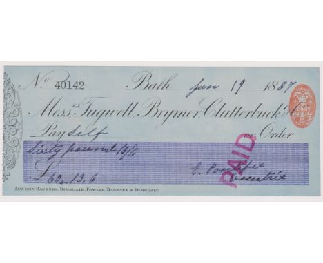 Tugwell, Brymer , Clutterbuck &amp; Co., Bath. Used, order CO 6.2.86, black on blue with violet panel. Printer: Blades, East 