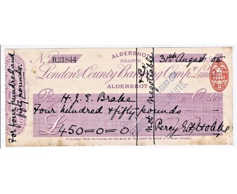 Cheques - London County Bankers Company Limited 1905. Used cheque, RO 23.1.05, Aldershot Branch, purple on white