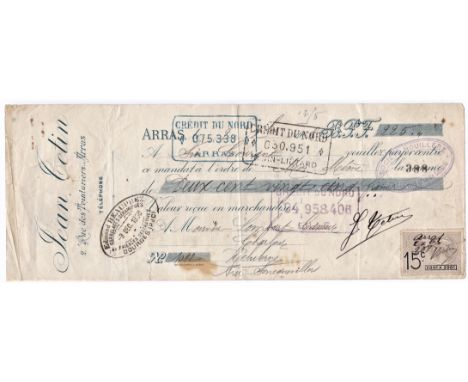 Cheque - France, Jean Cetin, 2, Rue des Teinturiers, Arras 1908. Credit du Nord. Blue on cream with a 15 centimes stamp botto