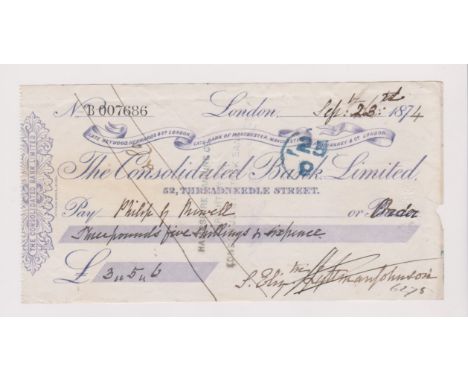Consolidated Bank Limited, 52 Threadneedle Street, London. Paid, Bearer, Cheque altered to order. CO 8.7.74. Violet on cream.