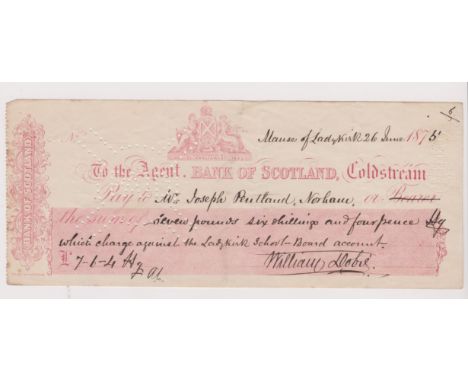 Bank of Scotland, Coldstream 1875 (26 June) Cheque - The Lady Kirk School Board account. Used, pink on cream, paid pin perfor