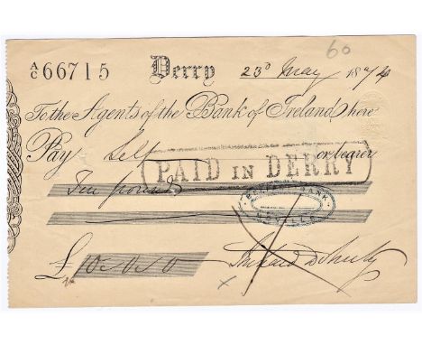 Cheque - Bank of Ireland 1874, used cheque, stamped 'Paid in Derry'