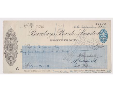 Barclays Bank Limited, Pontefract. Used, order, BO 14.12.38. Black on cream blue panel, vignette of the gateway of Pontefect 