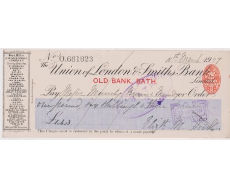 Union of London &amp; Smiths Bank Ltd., Old Bank Bath.  Used, order RO 11.10.06, black on cream with blue panel. Printer: Bla