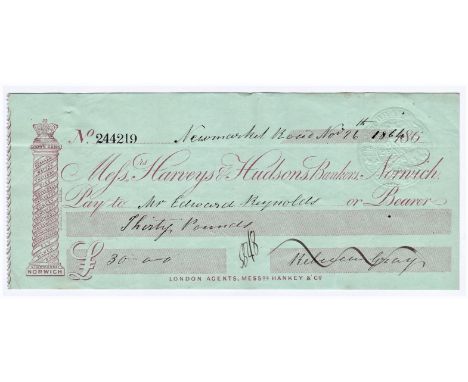 Cheques - Harvey's &amp;  Hudson's Bankers, Norwich 1864. Used cheque, RO 29.10.62, red on green, branches vignette at left. 