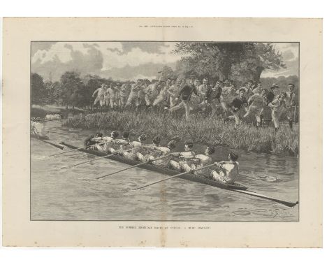 Oxford Boat Races 1891 - Fine double page black and white print by W.B. Woller - The Summer Eight-Oak Races at Oxford. A Bump