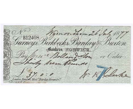Cheque - Gurneys, Birbecks, Barclay &amp; Buxton 1877. Used cheque, CO 23.1.77,  Norwich, black on light green