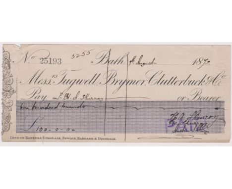 Tugwell, Brymer , Clutterbuck &amp; Co., Bath. Used, bearer CO 14.9.77, black on cream with blue panel. Printer: Blades, East