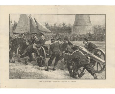 Royal Navel Exhibition 1891-double page black and white print by W.H Overend-'Lumber Up!' blue jacket at field-gun drill at t