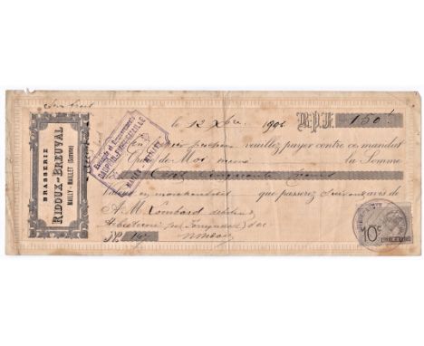 Cheque - France, Ridoux-Breuval, Mailly - Maillet (Somme) 1906. 10 centimes stamp bottom right