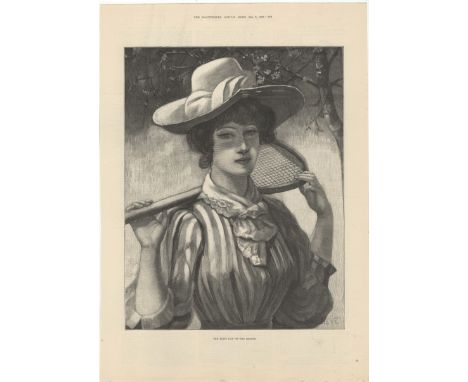 Tennis 1891-full page black and white print by A.Neve-'A beautiful lady carrying her rachet-'The First Day Of The Season'-12"