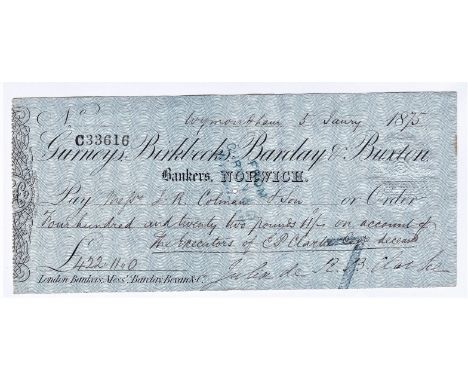 Cheques - Gurneys, Birbecks, Barclay &amp; Buxton 1875. Used cheque, black on blue, CO 21.10.74 