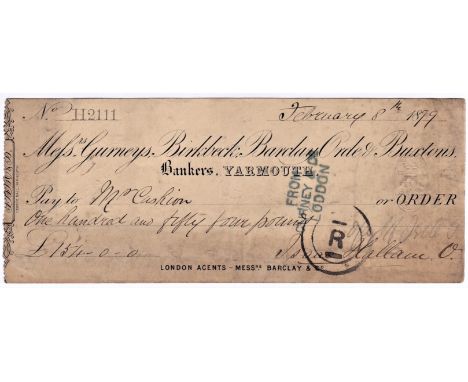 Cheques - Gurneys, Birbeck, Barclay, Orde &amp; Buxtons 1879. Used cheque, Yarmouth bankers-black on cream. Printer: George N