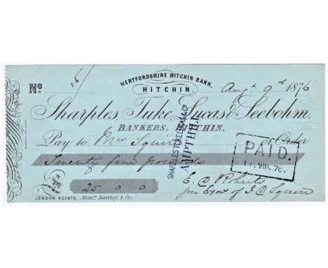 Cheque - Sharples, Tuke, Lucas &amp; Seebohm 1876, Hertfordshire, Hitchin Bank, Hitchin branch. Used cheque, black on green. 