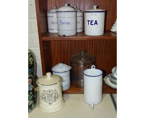 Four French enamel cannisters and lids, 20cm high, two 'Farine', one 'Chicoree' and one 'Kava', another enamel cannister and 