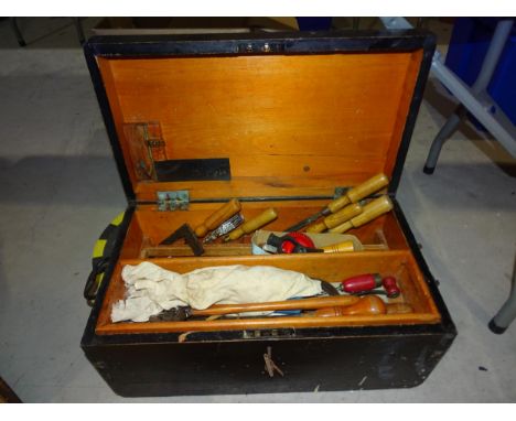 A small stained wood tool box, together with a collection of woodworking tools. 