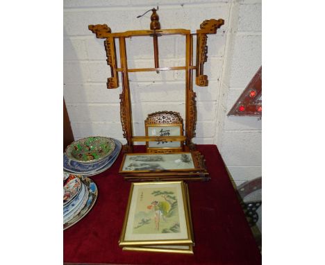 An Oriental wooden folding hanging lantern&nbsp;with landscape and script panels, 73cm high (a/f), together with three Orient