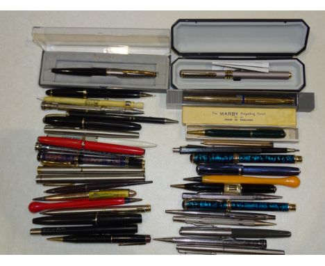 A Conway Stewart '15' fountain pen, Easterbrook and Osmiroid fountain pens, a silver propelling pencil, various other propell