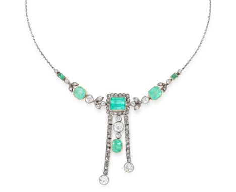 AN ANTIQUE EMERALD AND DIAMOND LAVALIER NECKLACE in gold and silver, set with a row of five graduated step cut emeralds accen