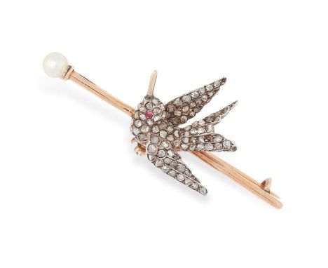 AN ANTIQUE RUBY, PEARL AND DIAMOND BIRD BROOCH in yellow gold and silver, the bar terminated with a pearl and applied with a 