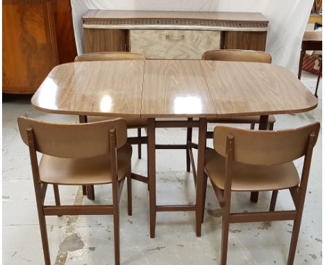 1950'S DINING ROOM SUITEcomprising a drop flap gate leg table covered in faux wood melamine, 83cm wide, together with four sh