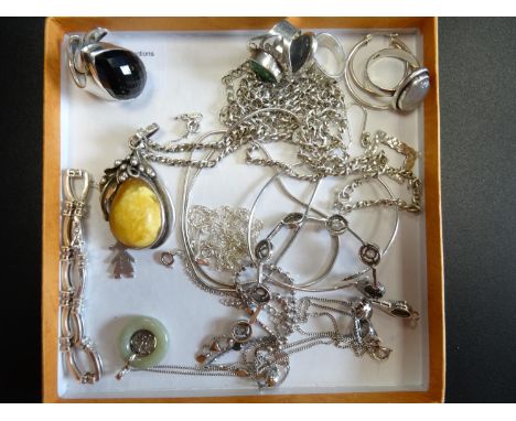 SELECTION OF SILVER JEWELLERYincluding stone set rings.various bracelets, Chinese jade pendant with central character decorat