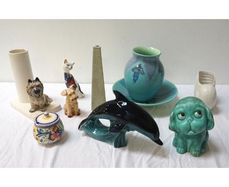 COLLECTION OF DECORATIVE CERAMICSincluding a Poole pottery vase and matching dish; Poole pottery porpoise, Poole pottery hand