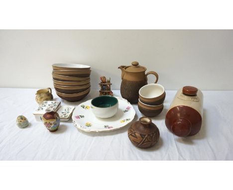 DENBY PART BREAKFAST SETdecorated in textured and speckled brown, some with foliage, comprising a tea pot, four cups and sauc