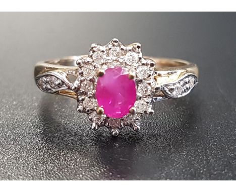 RUBY AND DIAMOND CLUSTER RINGthe central oval cut ruby within diamond surround, with further diamonds to the shoulders, on ni