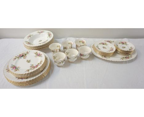 ROYAL ALBERT MOSS ROSE DINNER SERVICEcomprising dinner plates, soup bowls, side plates, dessert plates, oval platter, coffee 