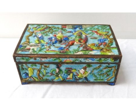 CHINESE ENAMEL BOXwith a blue ground, the lid decorated with warriors on horseback and on foot, the side panels decorated wit
