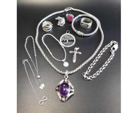 SELECTION OF SILVER JEWELLERYincluding a chunky cabochon amethyst set pendant on chain, a Lagos silver bracelet, a tree decor