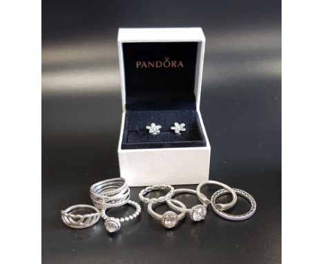 EIGHT PANDORA SILVER RINGScomprising Entwining Silver rings, April Birthstone ring, Hearts Tiara ring, Radiant Hearts of Pand