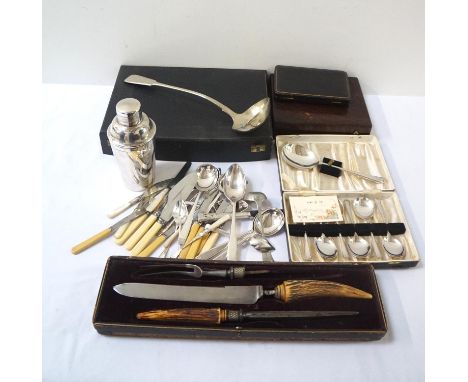 LARGE SELECTION OF SILVER PLATED FLATWAREand other items including a cased set of fish eaters, cased serving spoon and fork, 