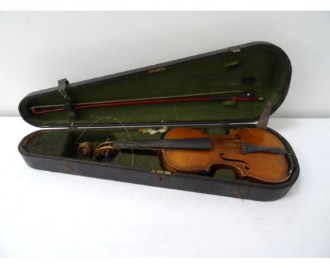 VINTAGE VIOLINwith a two piece 37cm back, together with a bow, contained in a vintage baize lined case 