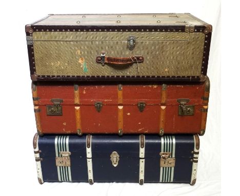 VINTAGE TRAVELLING TRUNKwith a fold down front revealing a hanging rail, 87cm x 53cm x 27cm, together with two rib banded tra