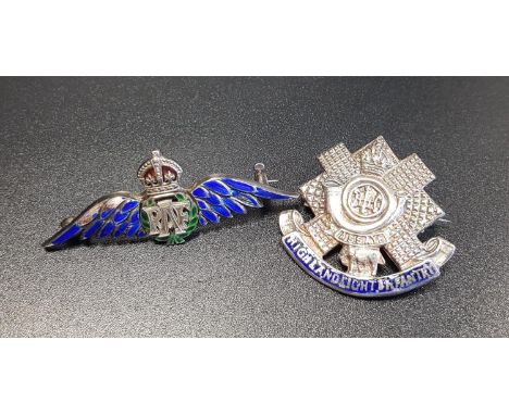 TWO SILVER AND ENAMEL DECORATED MILITARY BROOCHEScomprising an RAF sweetheart brooch; and a Highland Light Infantry lapel bad