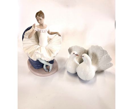 Lladro pair of doves, 21cm, and Nao seated dancer, 25cm. (2) 