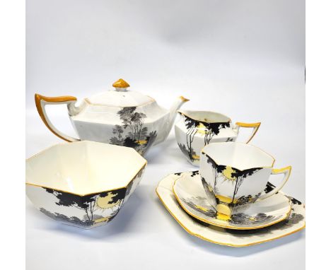 A Shelley porcelain 11678 'Rising Sun' pattern, 1929, tea set comprising of tea pot (slight fracture to base of teapot and un