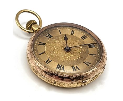 An 18ct yellow gold Victorian fob watch, with engraved gilt dial and enamel Roman numeral markers, fully hallmarked, 3.2 cm d