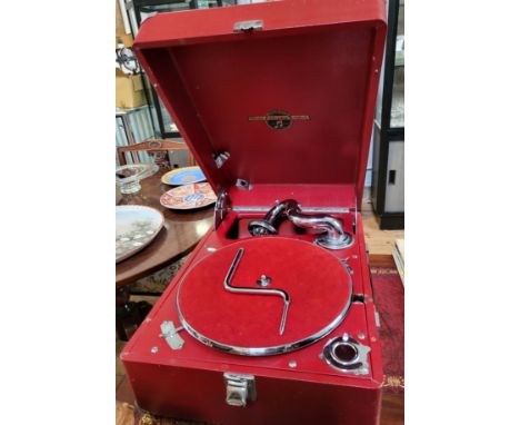A red leather cased Columbia Viva-tonial Grafonola gramophone.There are a few light scuffs to the edges of the leather case. 