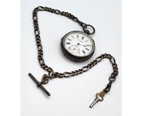 A Silver John Myers &amp; Co fob watch and chain, white enamel Roman numeral dial. Dial 4.5 cm.&nbsp;Very clean original dial