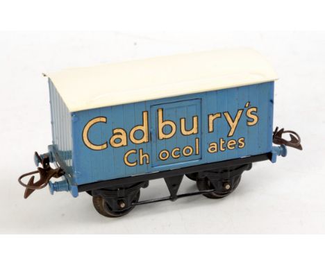 Hornby 1938-41 Cadbury's chocolate van, black standard base, lighter blue body repainted white roof, block letters (VG)