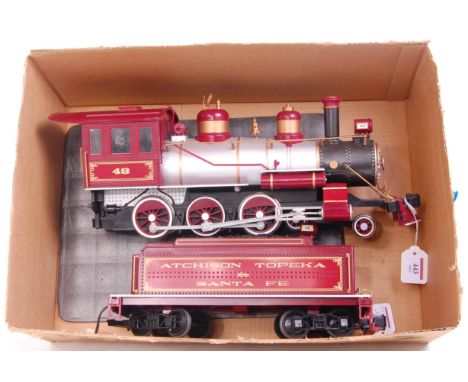 A Bachmann G scale 4-6-0 Baldwin loco No. 49 with bogie 'Atchison, Topeka and Santa Fe' tender No. 49 (VG)