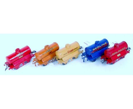 5x prewar Hornby tank wagons including red Shell, orange Pratts, red royal Daylight, buff Esso and blue Redline, all (G-VG)