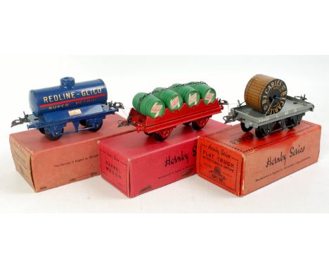 Hornby 1934-41 No. 1 Redline-Glico petrol tank wagon with 1937-41 barrel wagon on red coach type base, single chain and green