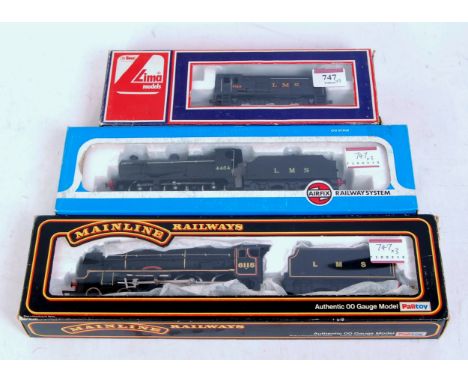 A Mainline LMS lined black rebuilt Royal Scot 4-6-0 No. 6115 Scots Guardsman, an Airfix 4F 0-6-0 No. 4454 in LMS black, and a